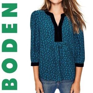 Boden Annabell Velvet Trim Drummer Blue Baby Doll Floral Print Tunic Top Blouse
